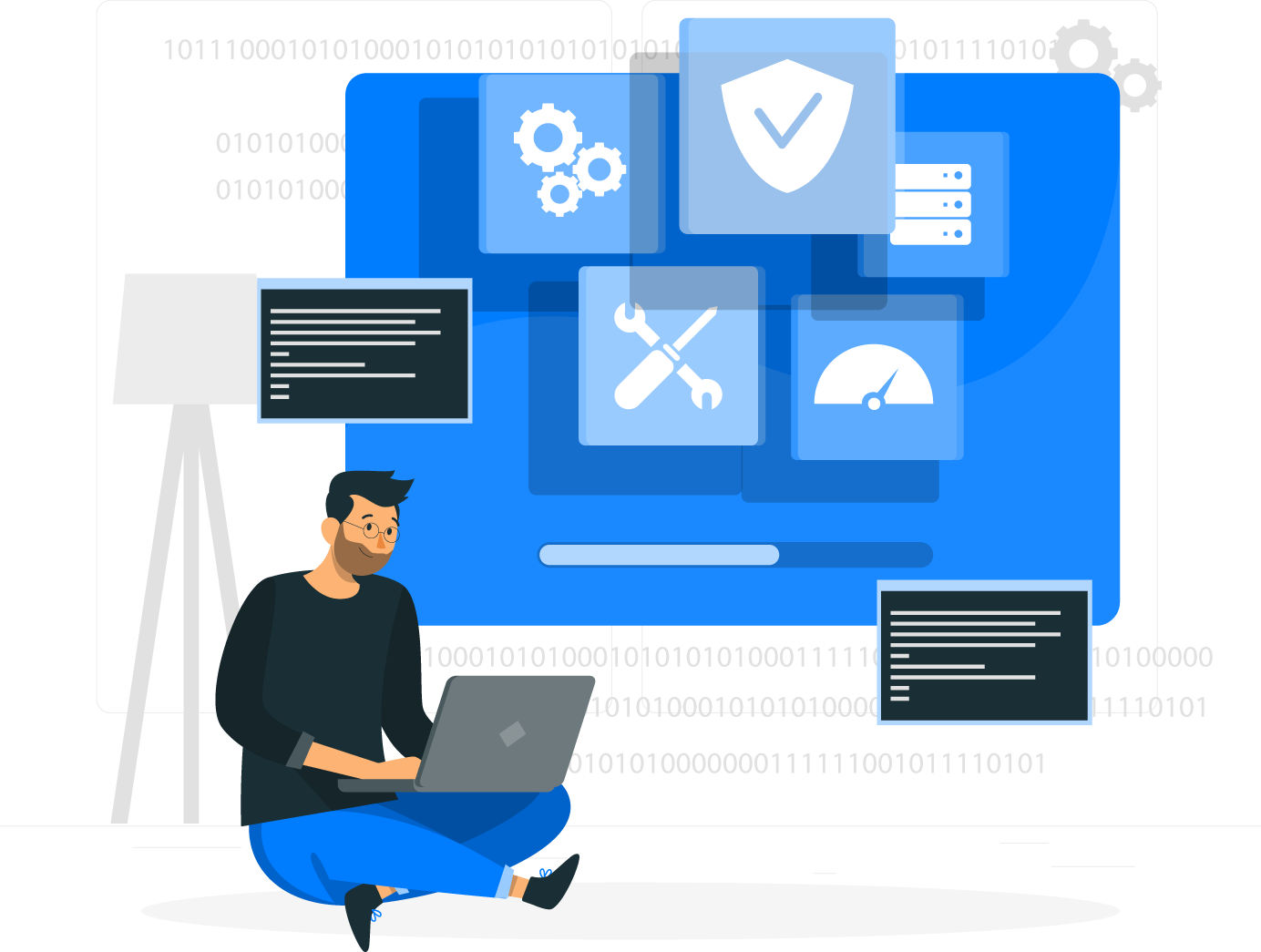 Desarrollador trabajando en un entorno tecnológico moderno con interfaces de programación, seguridad, herramientas y análisis de datos